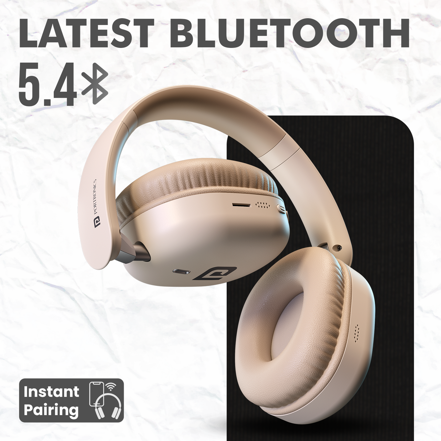 Beige Portronics Muffs M6 Bluetooth Headphone | Ideal for iPhone users with stable Bluetooth 5.4 and soft ear cushions | bluetooth headphone offering seamless streaming