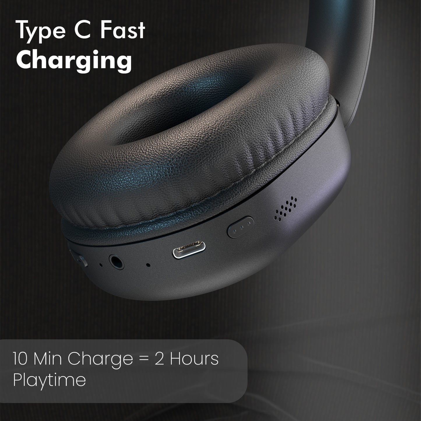 Black Portronics Muffs M6 Over Ear Headphones with Type-C fast charging | over ear headphones made for long journeys
