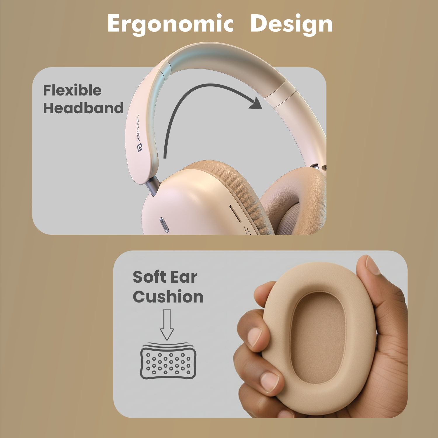 Beige Portronics Muffs M6 Headphone | Useful for office workers with soft cushions and adjustable headband | headphone designed for relaxed long-hour use