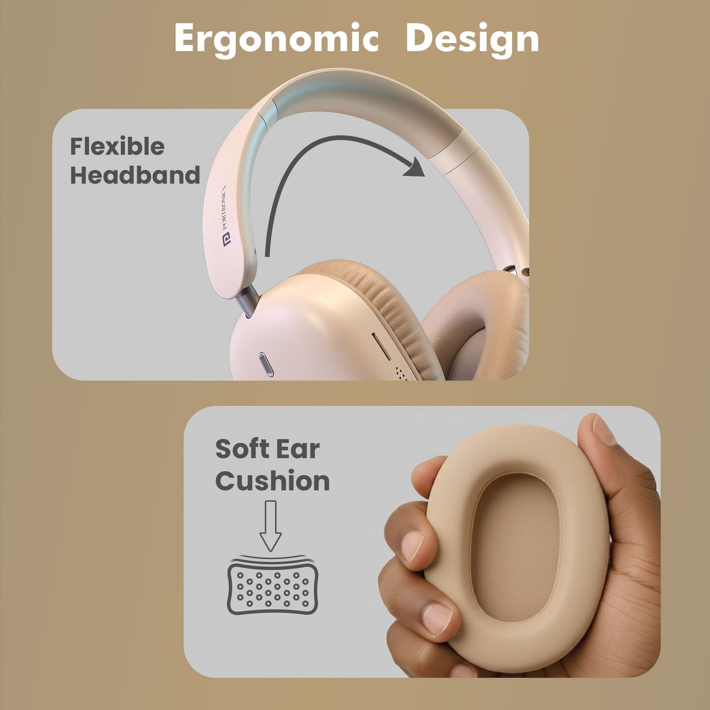 Beige Portronics Muffs M6 Headphone | Useful for office workers with soft cushions and adjustable headband | headphone designed for relaxed long-hour use