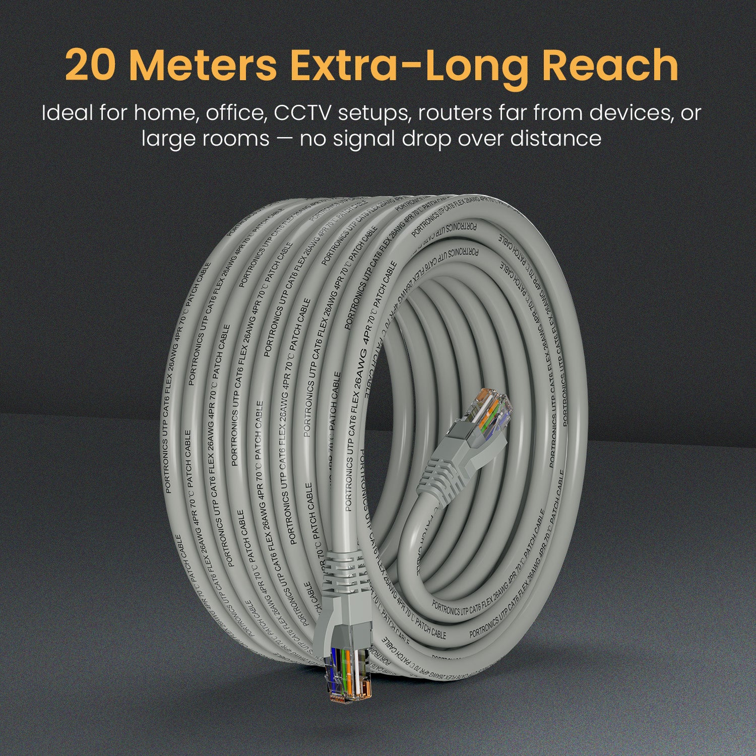 Grey Portronics Net X20 20M lan cable | Wired internet solution for Android devices using adapters | Networking cable supports stable connections
