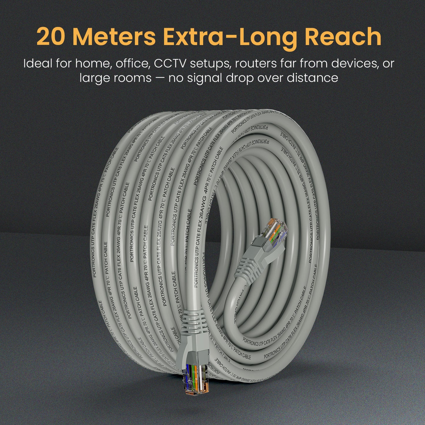 Grey Portronics Net X20 20M lan cable | Wired internet solution for Android devices using adapters | Networking cable supports stable connections
