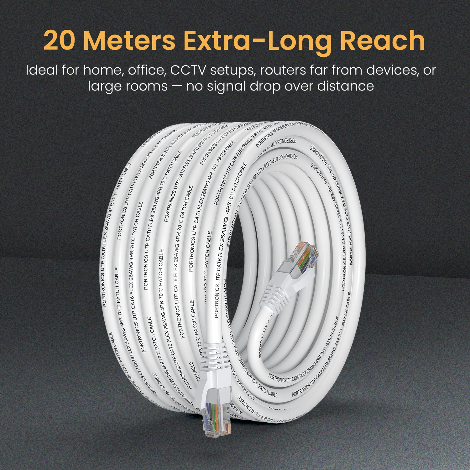 White Portronics Net X20 Ethernet Cable | Long-range 20 meter Extension Cable for routers and smart TVs | Networking cable supports lag-free connectivity
