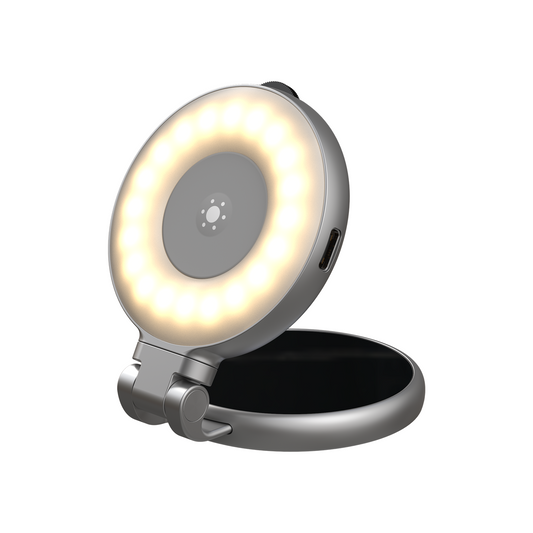 Portronics Oria magnetic mobile holder with built-in mirror and adjustable foldable stand, universal smartphone holder for desk use with LED light and hands-free support