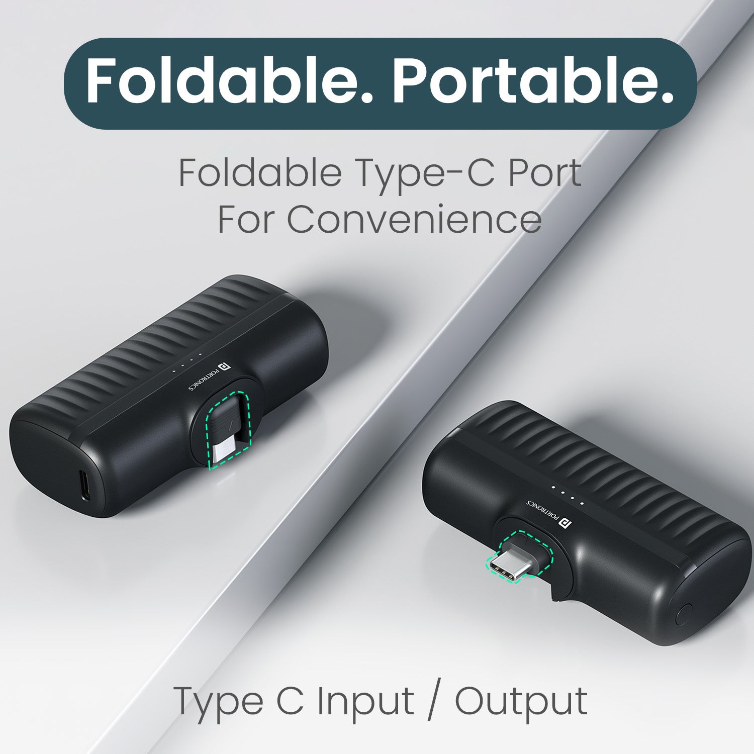 Black 5000mah power bank Portronics Pebble best powerbank for mobile with foldable Type C pin and fast charging