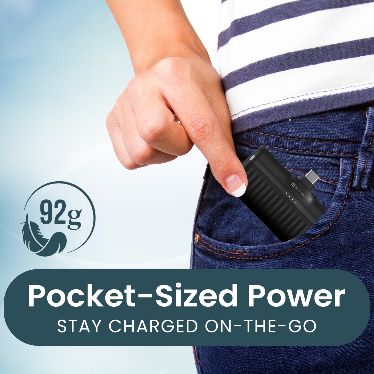 Black Portronics Pebble compact pocket power bank 5000mAh slim portable charger for iPhone, smartphones, and tablets