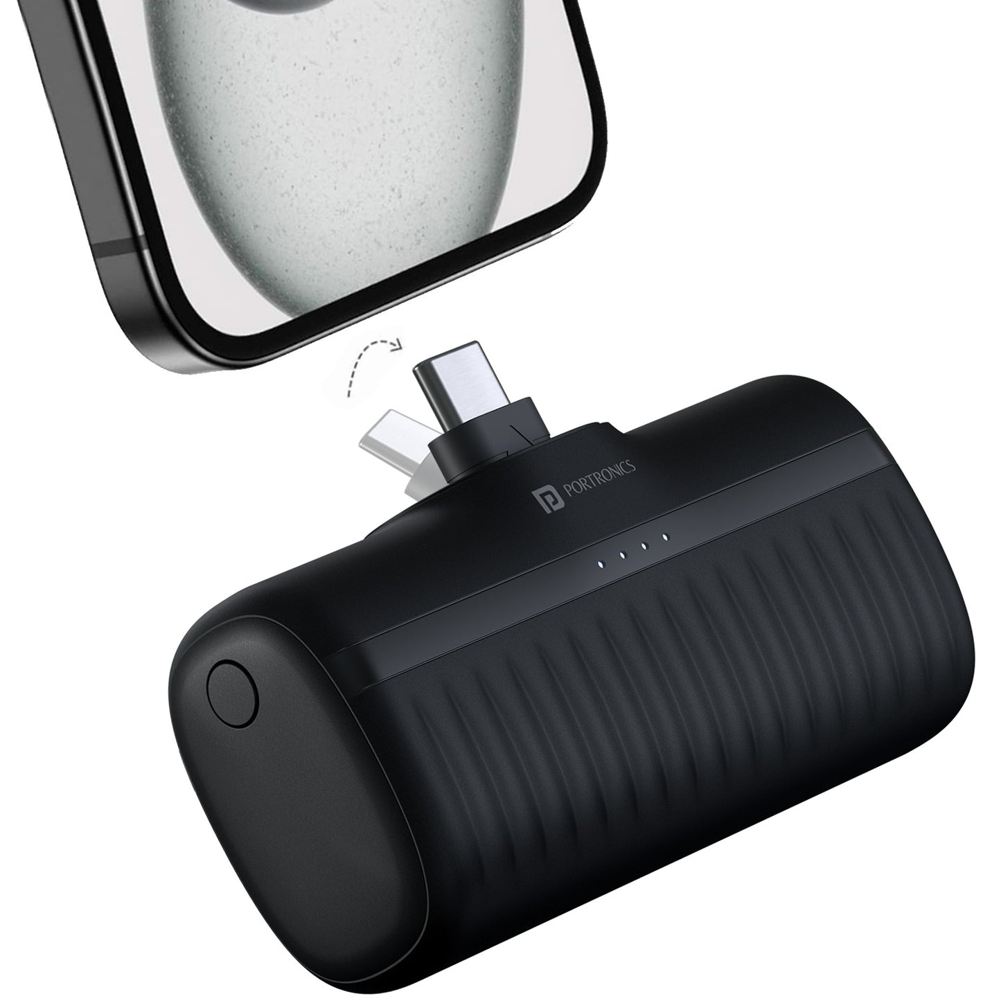 Black Portronics Pebble smallest power bank 5000mAh lightweight design with foldable Type C pin for mobile charging