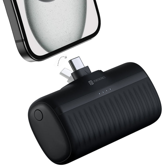 Black Portronics Pebble smallest power bank 5000mAh lightweight design with foldable Type C pin for mobile charging