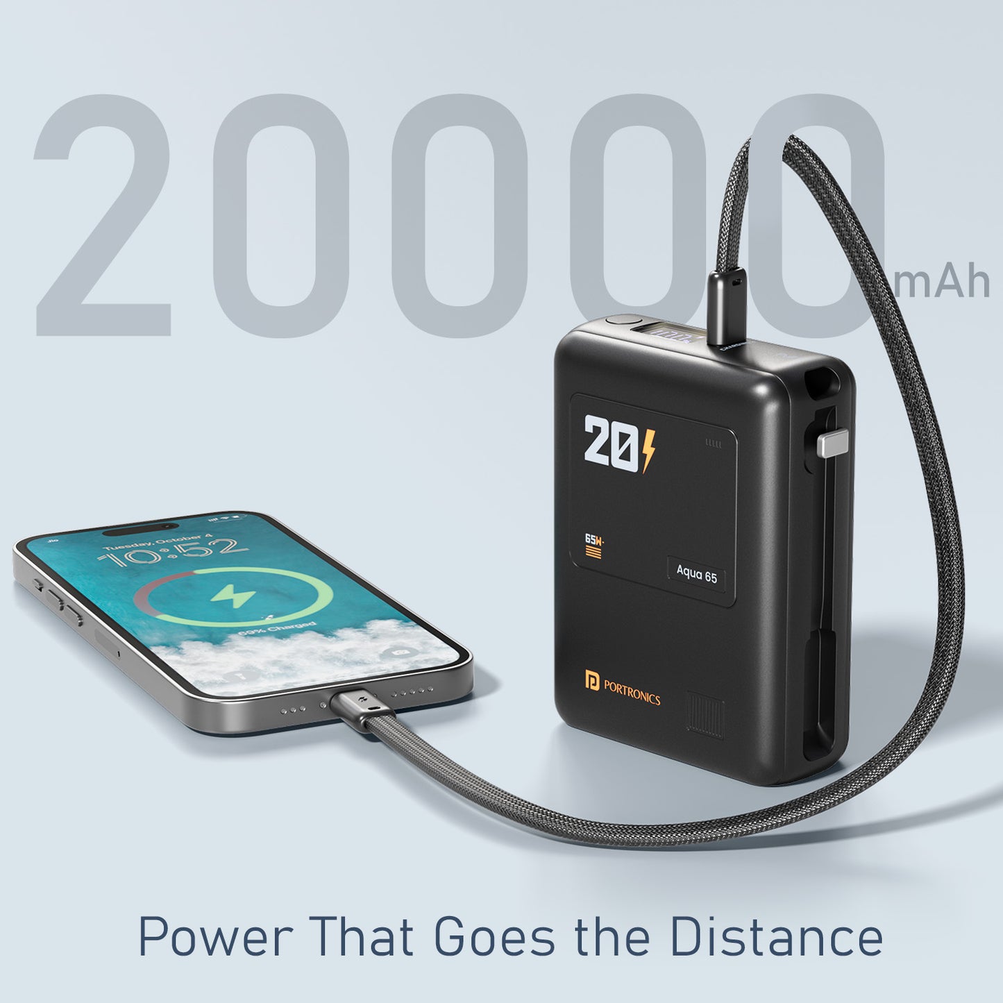 Portronics Power Bank 20000mAh Aqua 65 | High-capacity 20000mAh power bank with LED digital display | durable power bank for long workdays and power users