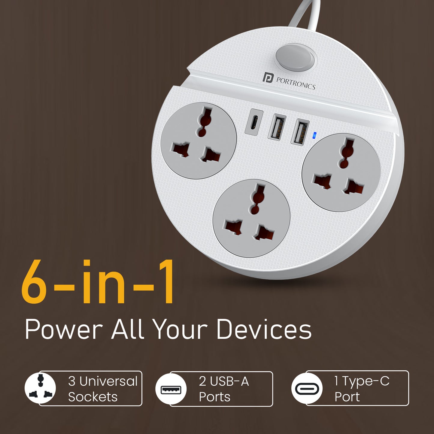 Portronics Power Plate 5 Pro 6-in-1 power extension board with 3 universal AC sockets 2 USB-A and 1 Type-C port | power socket extension with 2 meter cord | multi port USB charger and fast charger for home and office