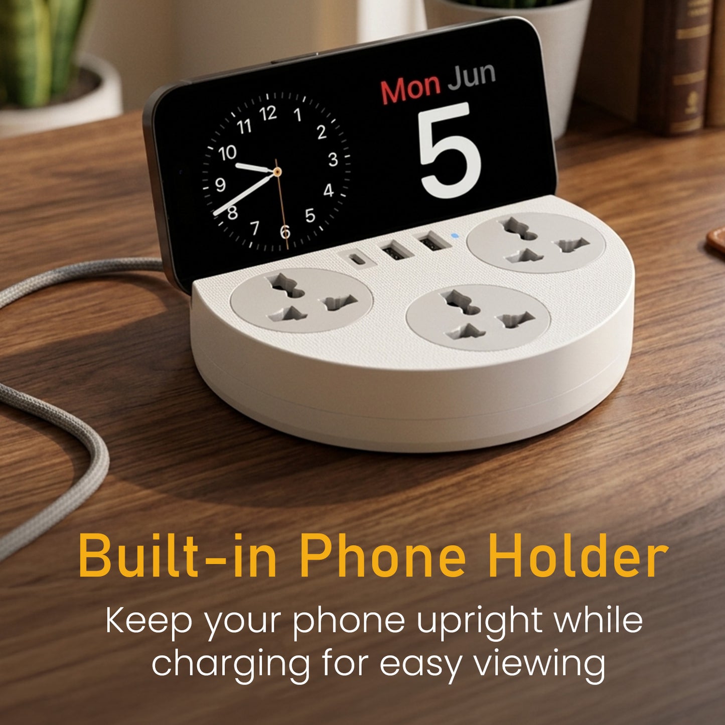Portronics Power Plate 5 Pro Power Extension Board with Mobile Holder keeping smartphone upright while charging | best extension board with usb and mobile stand for desk and bedside | portable electric extension board India