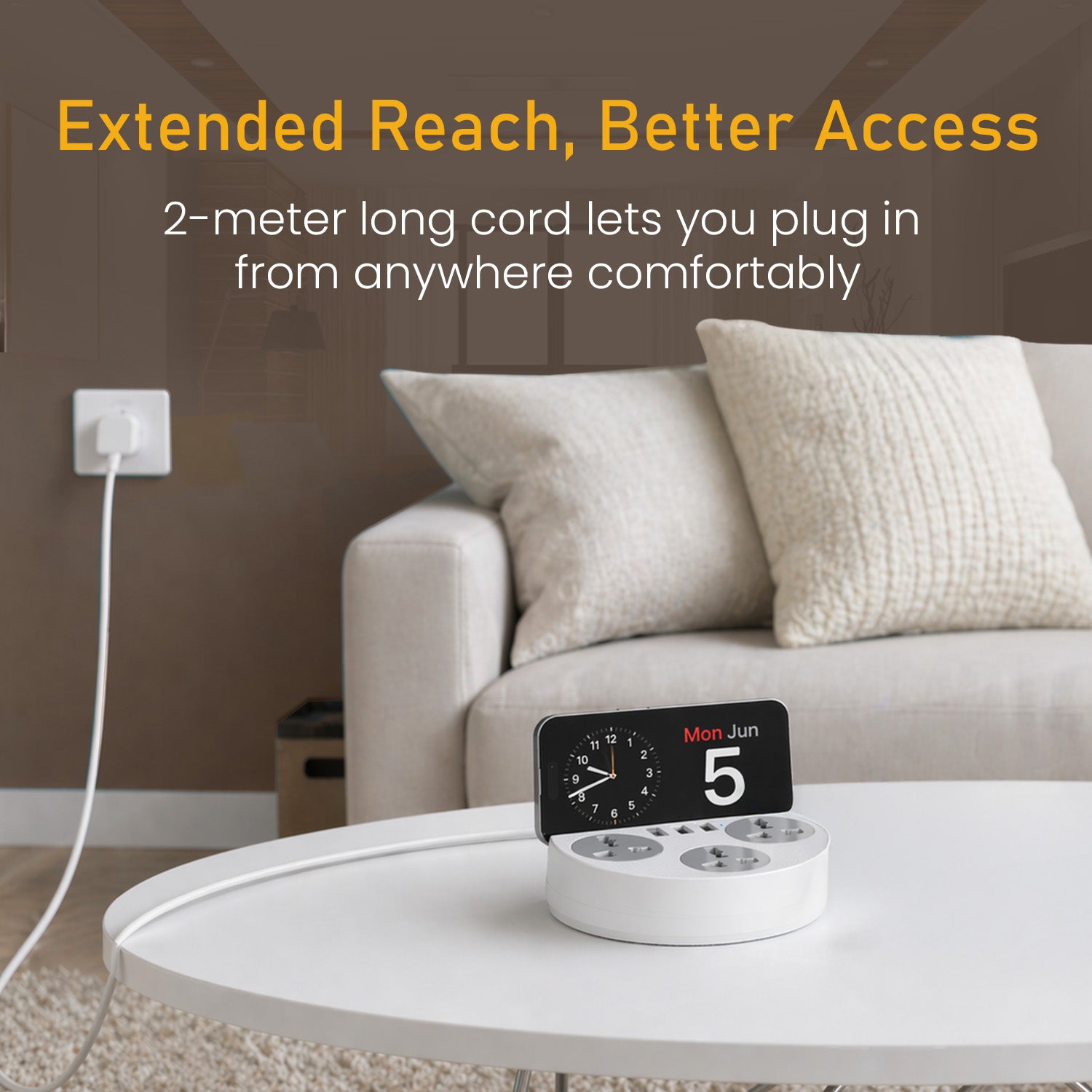 Portronics Power Plate 5 portable power extension board with 2 meter long cord placed in living room | best extension board price for home use | power socket extension with USB charger and multi port charging India