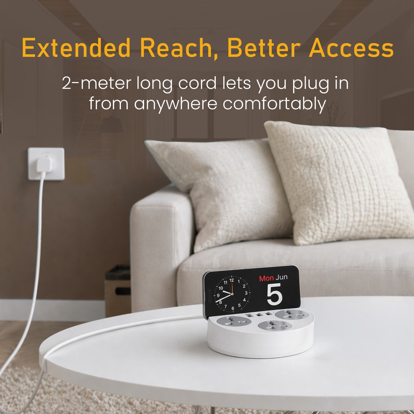 Portronics Power Plate 5 portable power extension board with 2 meter long cord placed in living room | best extension board price for home use | power socket extension with USB charger and multi port charging India