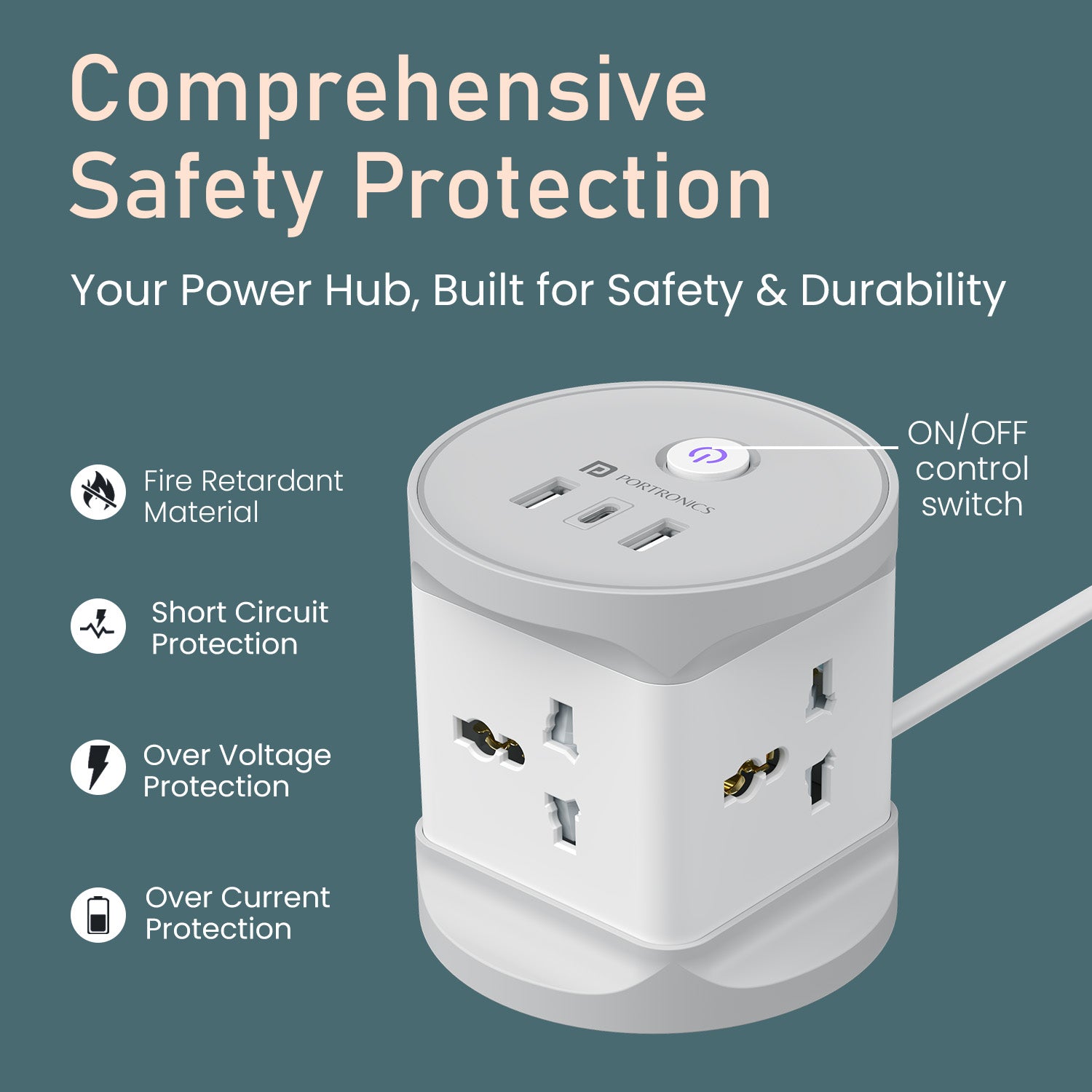 Portronics Power Plate 9 Pro Power Extension Solution | Multi-Port Power Plate With USB Charger, Type-C Fast Charging, Universal Sockets, and Heavy-Duty Plug for Desktops, TVs, and usb extension cable for TV setups