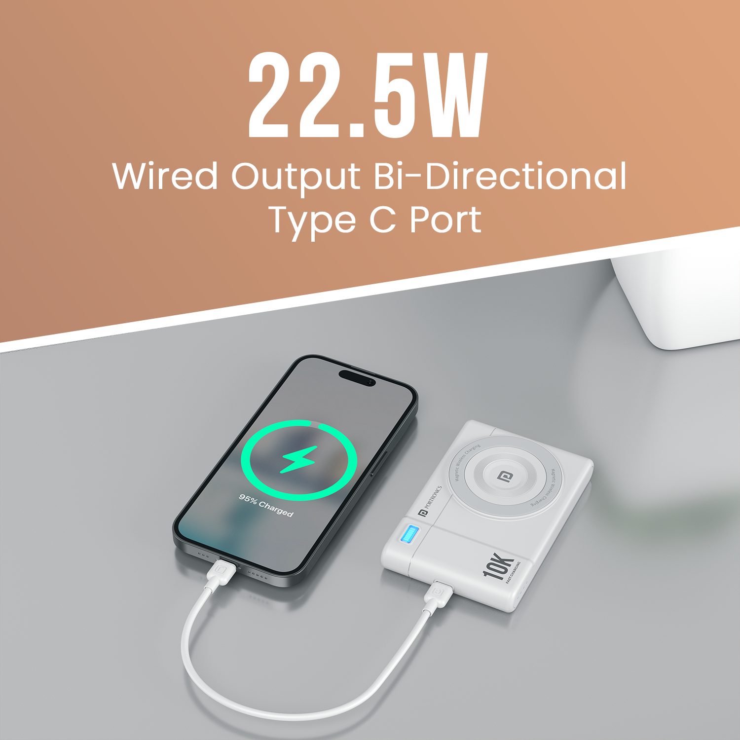 White Portronics Power Shutter Air 10K 10000mAh Fast Charging Power Bank | 22.5w Wired + 15w wireless dual-mode charging | 10000mAh fast-charging power bank | Charges devices quickly on the go