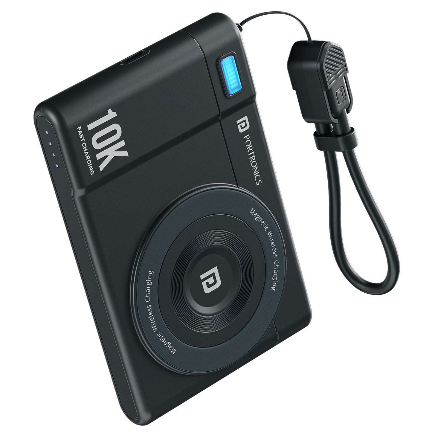 Black Portronics Power Shutter Air 10K Wireless Power Bank | 15W magnetic wireless charging for iPhone users | wireless power bank for iPhone | Helps deliver smooth cable-free charging.
