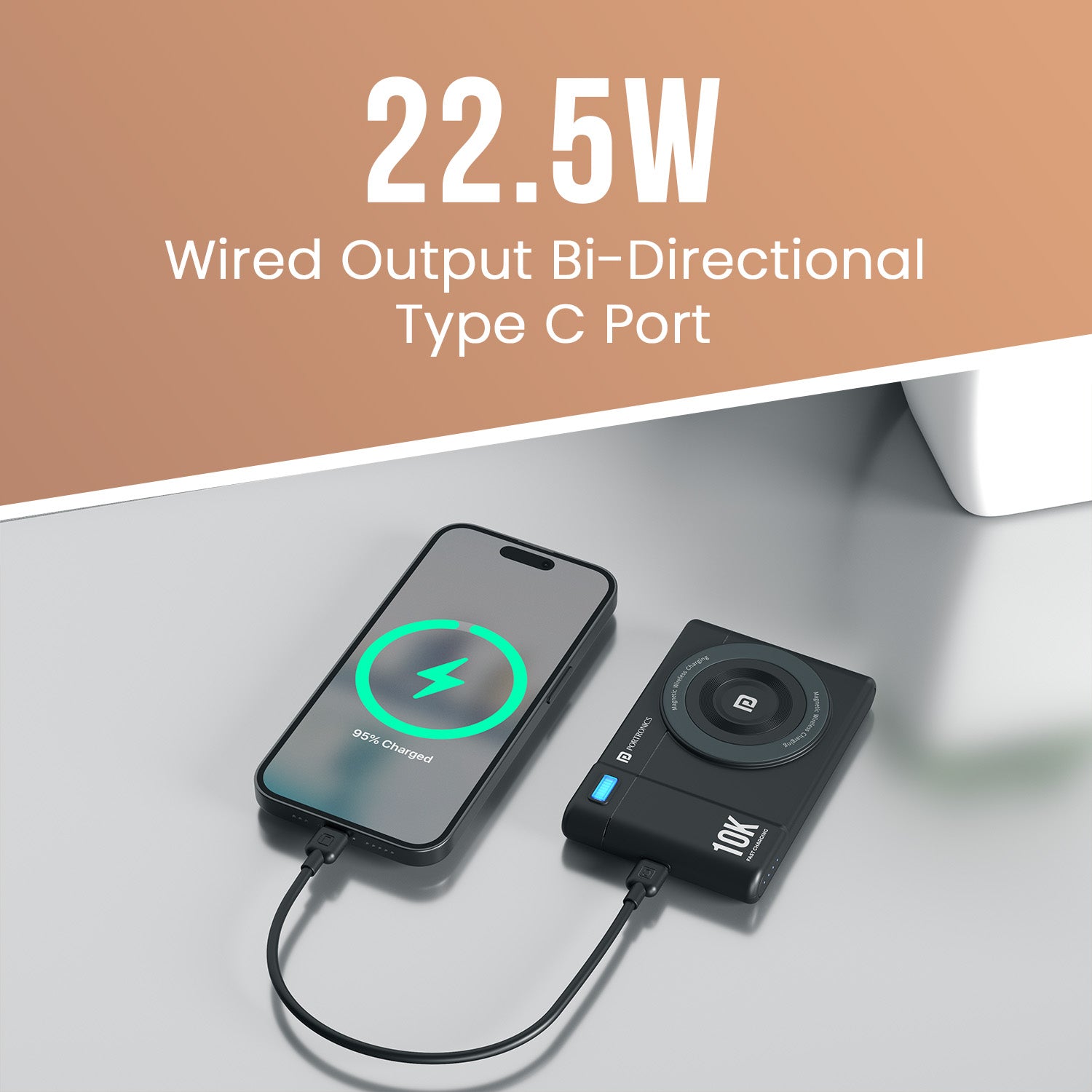 Black Portronics Power Shutter Air 10K Fast Charging Power Bank | 22.5W PD wired + wireless combo charging | fast charging power bank | Gives quick top-ups anytime.