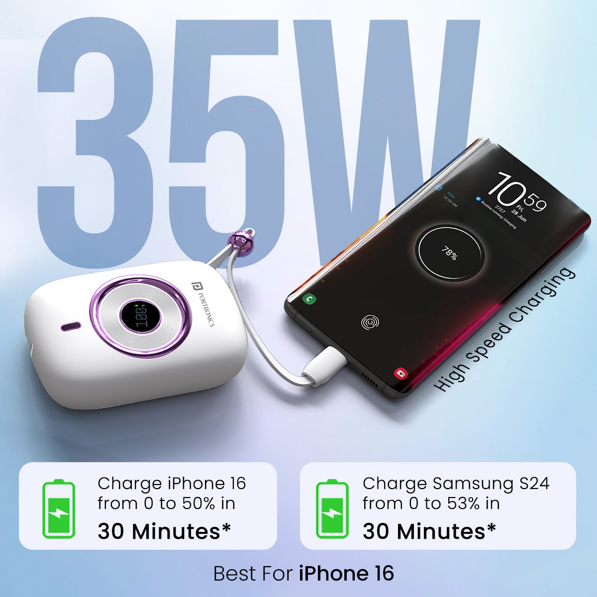 White Portronics Power Shutter pro 10000mah fast charging powerbank online| best power bank for student at best price| powerbank for apple device| power bank for samsung devices