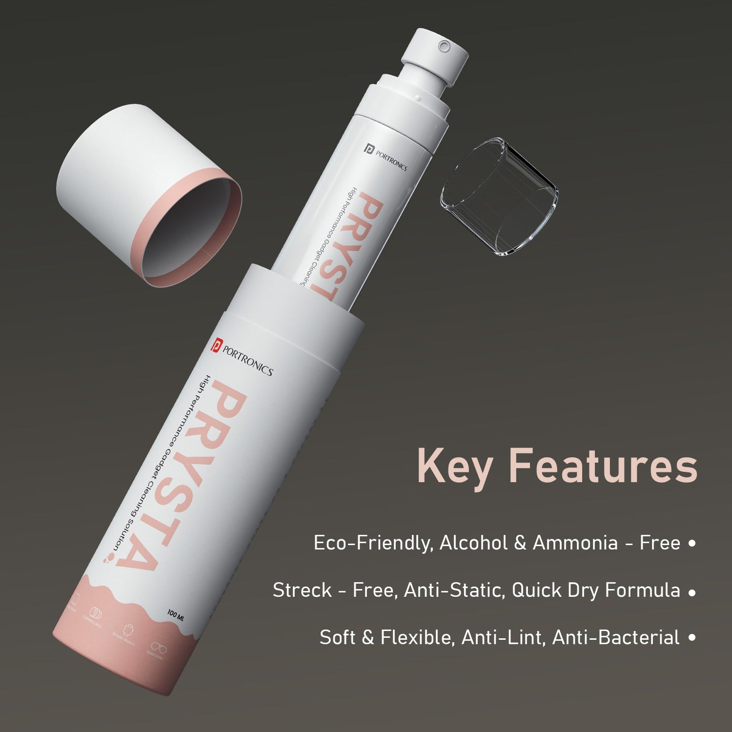 Portronics Prysta | 100 ml Portable Multi-Gadget Cleaner Spray with Microfiber Cloth — Ideal Cleaning Kit for Mobiles, Cameras, and Keyboards | Gadget Cleaner, Camera Cleaning Kit, Cleaner for Mobile Screen, Smart Cleaner Kit for Earbuds, Gadget Cleaning Kit