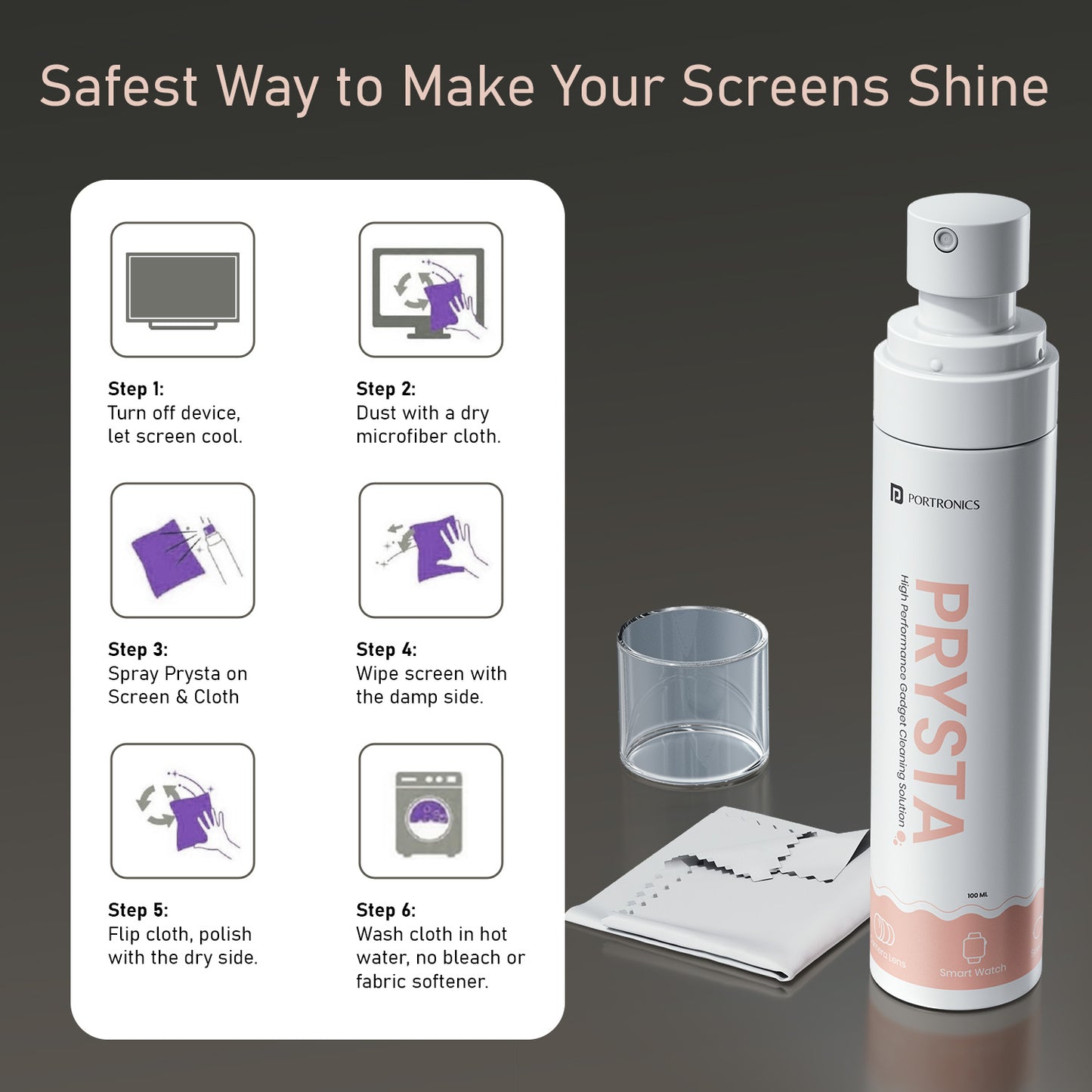 Portronics Prysta | Alcohol-Free Screen Cleaner and Gadget Cleaning Kit for Fingerprint-Free, Streak-Free Shine on All Devices | Best Screen Cleaner, Multi-Gadget Cleaner Kit, Gadget Cleaner Spray, Screen Cleaner for Mobile, Keyboard Cleaning Kit