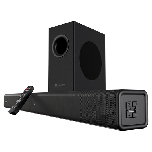 Portronics Pure Sound 107 soundbar with subwoofer, delivering 200W HD sound and immersive 3D sound effects for the best home theater experience.