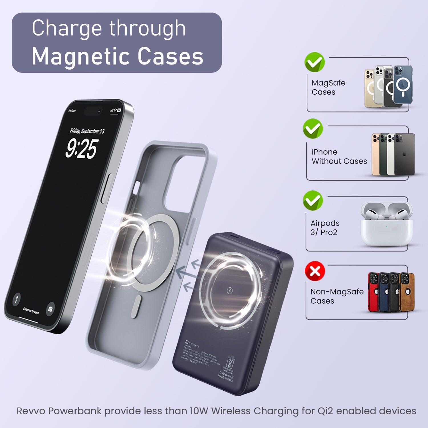 Blue Portronics Revvo 10000mAh Fast-Charging Power Bank | Built-In Cable and MagSafe Wireless Support | Best Power Bank for iPhone, Power Bank 10000mAh
