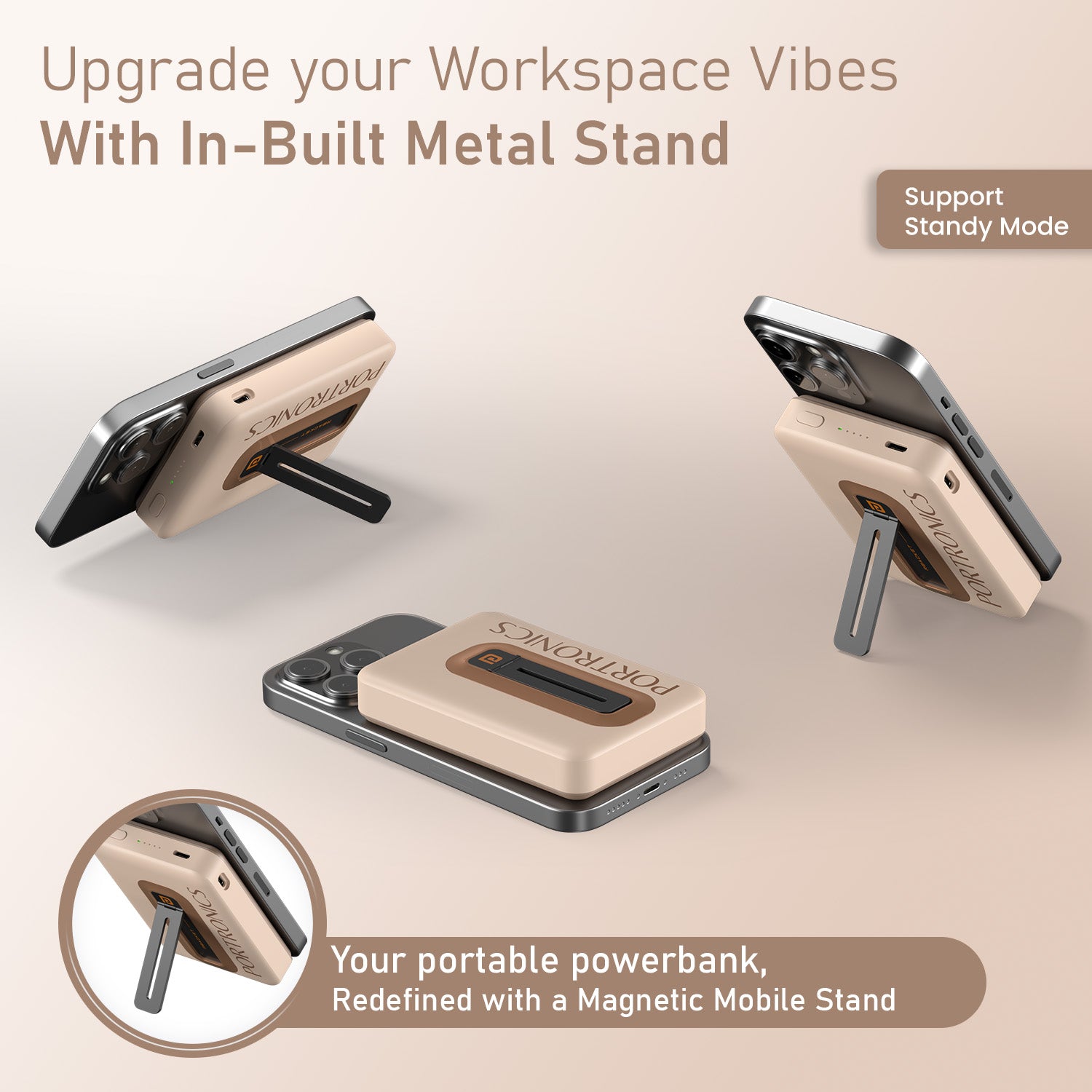 Mocha Portronics Revvo 10000mAh Magnetic Power Bank | MagSafe Stand for Video Calls and Streaming | Power Bank for iPhone, Mini Power Bank
