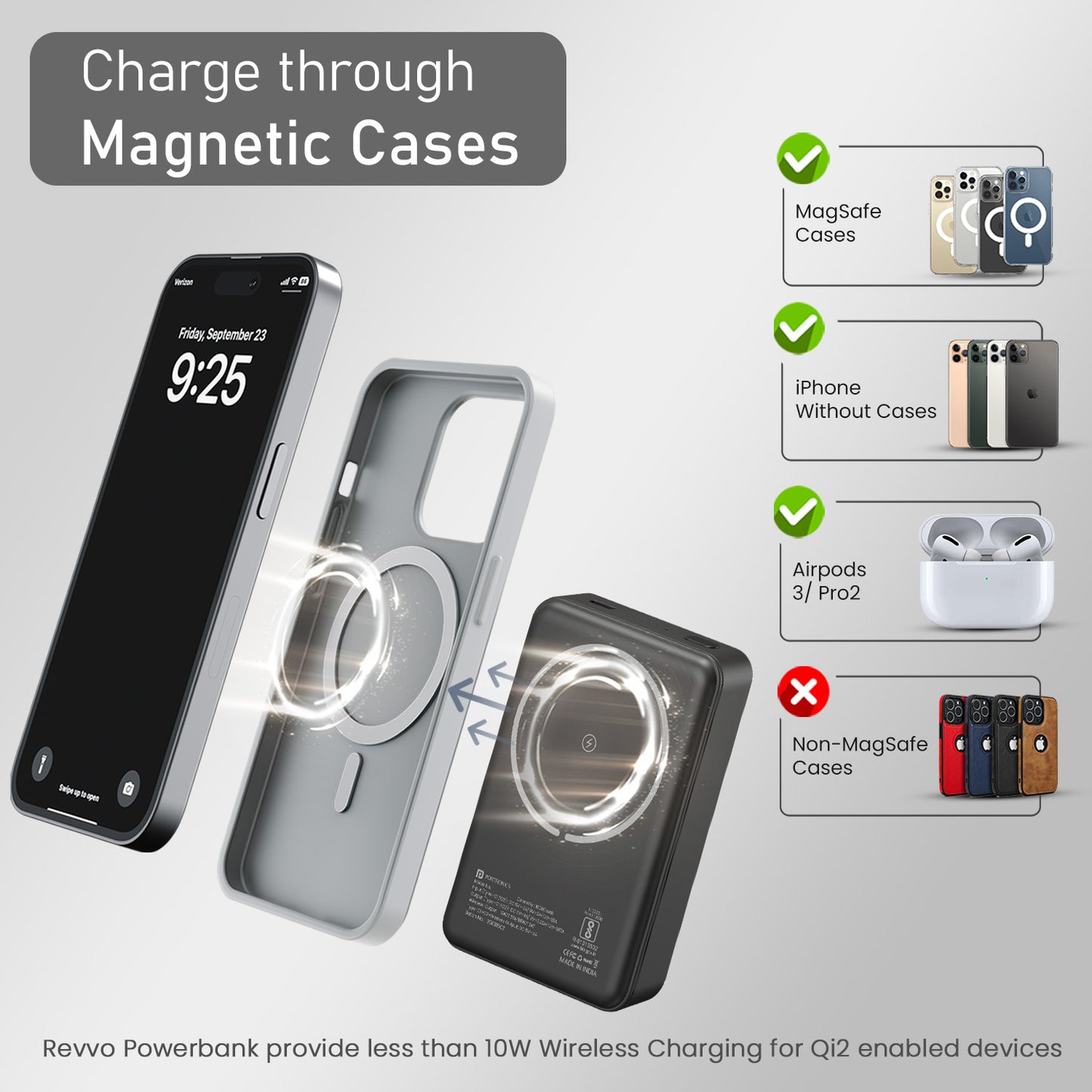 Black Portronics Revvo 10000mAh Power Bank | In-Built Detachable Type-C Cable for Convenient Charging | Power Bank for Students, Durable Power Bank