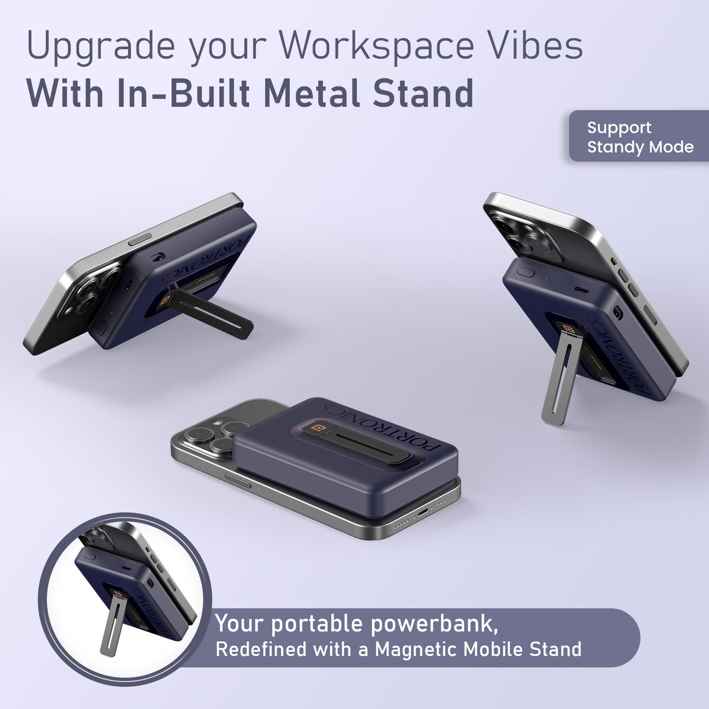 Blue Portronics Revvo 10000mAh Power Bank | Universal Compatibility with iPhone, Android & USB-C Devices | Portronics Power Bank| Power Banks with metal stand