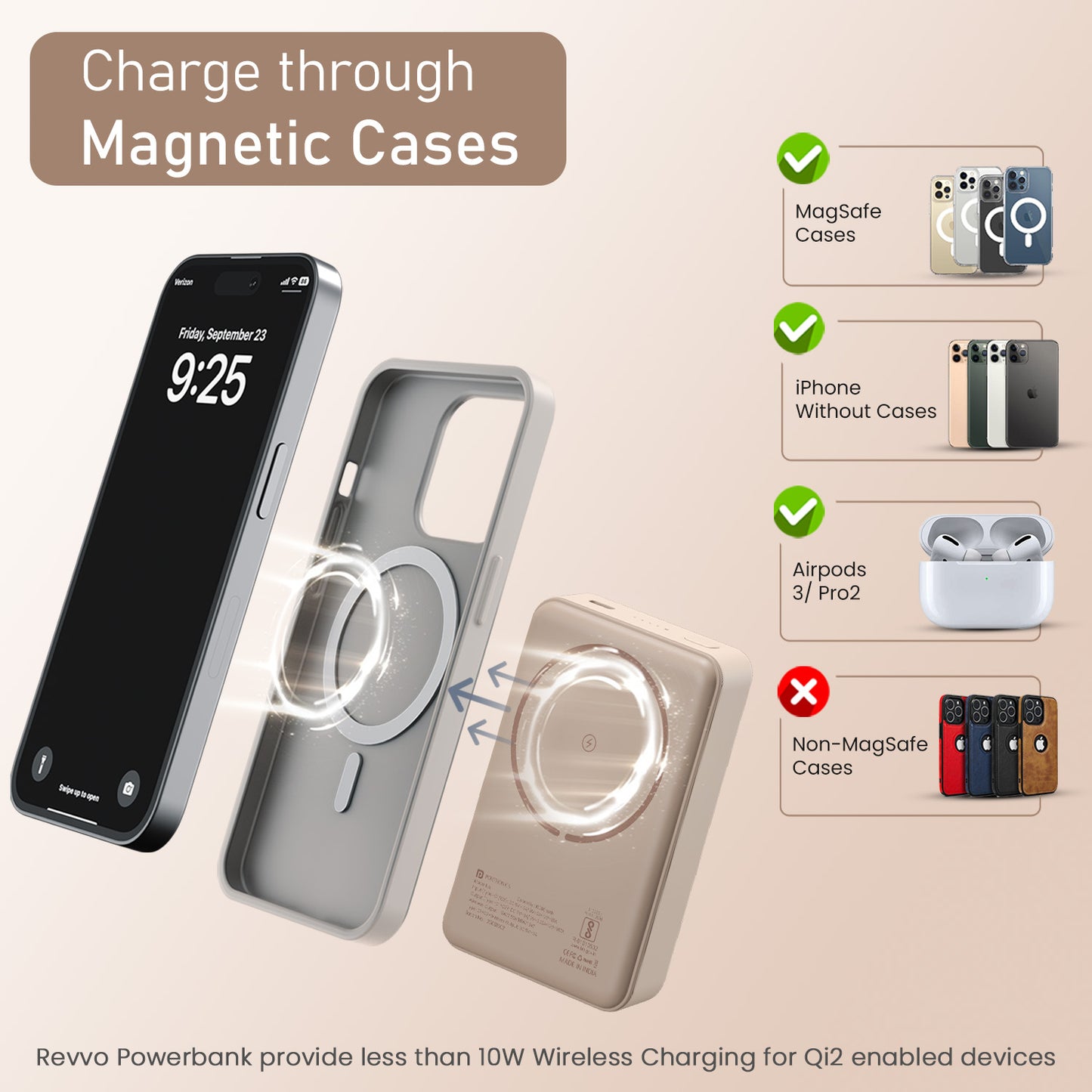 Mocha Portronics Revvo 10000mAh Wireless Powerbank | High-Efficiency Battery with LED Display | Power Bank for iPhone, Portable Power Bank