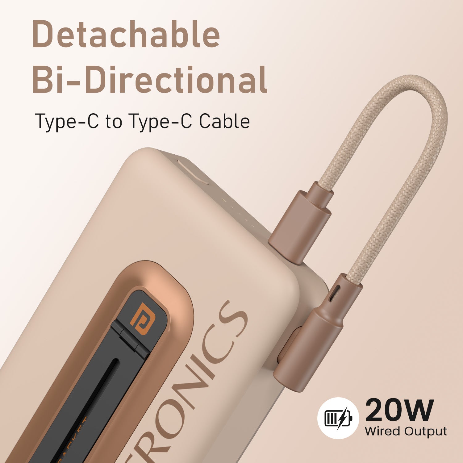 Mocha Portronics Revvo Fast Charging Power Bank | Built-In Type-C Cable for Quick Charging | Power Bank for Mobile, Power Bank 10000mAh Wireless