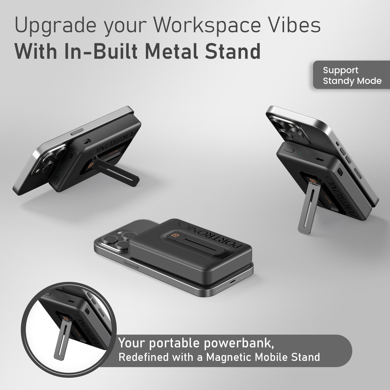 Black Portronics Revvo Wireless Power Bank | 10000mAh Capacity for Daily and Emergency Charging | Best Power Bank for iPhone, Portable Power Bank| wireless power bank with metal stand