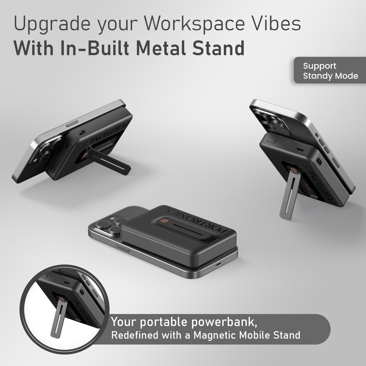 Black Portronics Revvo Wireless Power Bank | 10000mAh Capacity for Daily and Emergency Charging | Best Power Bank for iPhone, Portable Power Bank| wireless power bank with metal stand