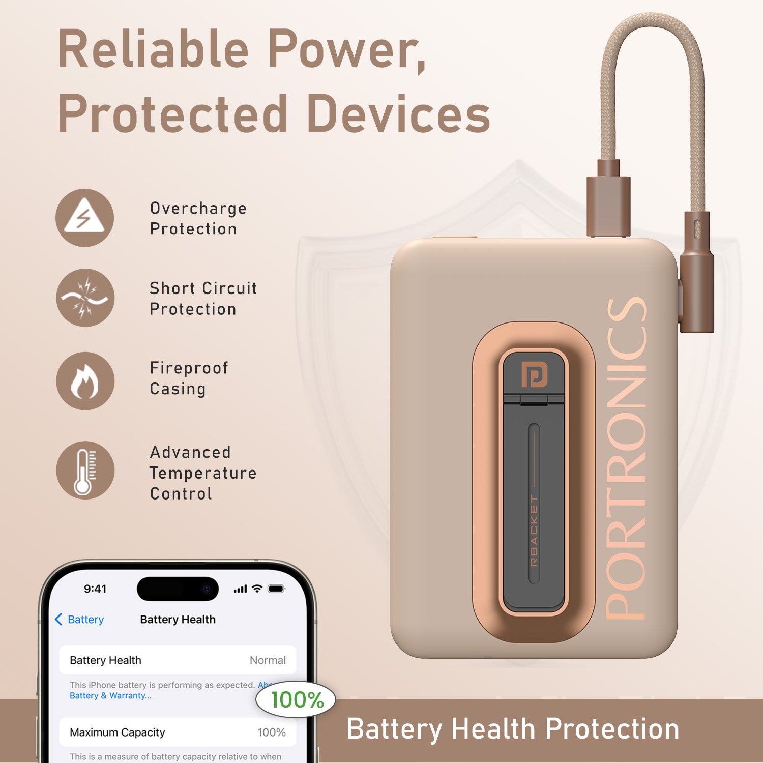 Mocha Portronics Revvo Wireless Powerbank | Dual Charging Option – Wired and Wireless | Power Bank 10000mAh, Power Bank for Students