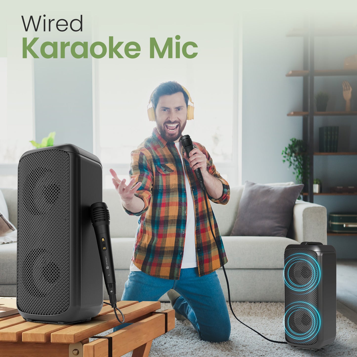 Portronics Rumble rechargeable wireless Bluetooth party speaker with TF card playback, USB input, AUX connectivity, and immersive audio for home and outdoor parties| best party speaker with wired karaoke mic