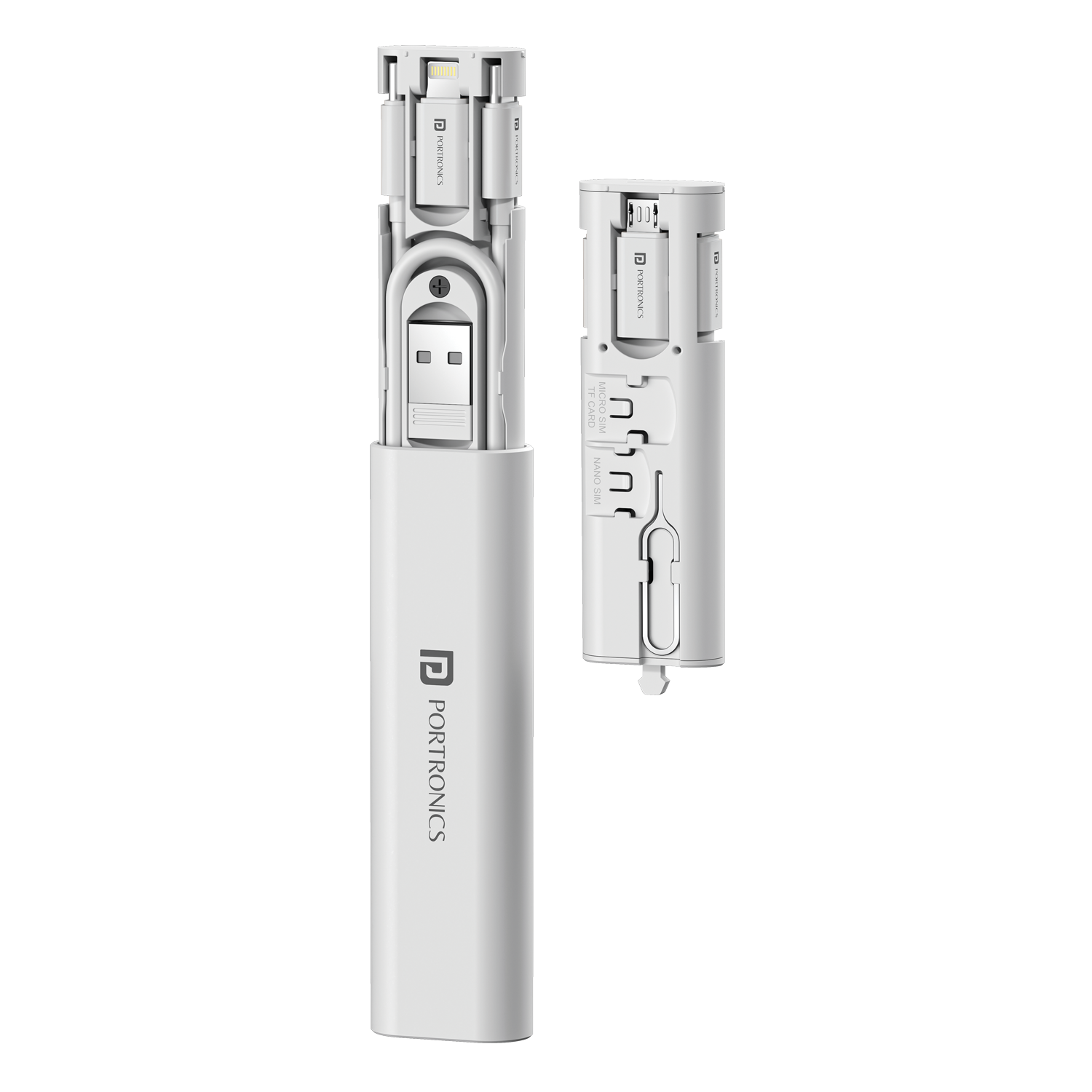 White Portronics Snapcase 3 Travel-friendly and durable cable with multiple connectors and integrated tools, designed for efficient device management on the go.
