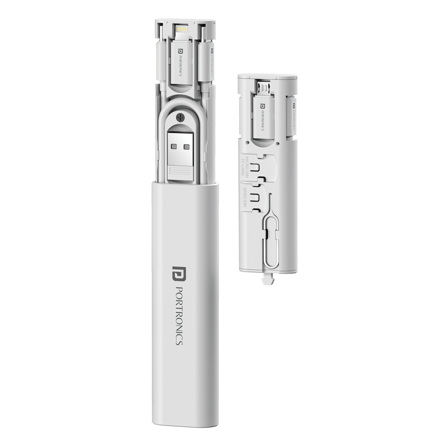 White Portronics Snapcase 3 Travel-friendly and durable cable with multiple connectors and integrated tools, designed for efficient device management on the go.