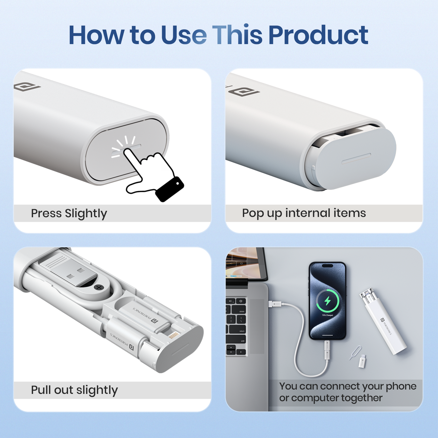 White Portronics Snapcase 3 Versatile multipurpose charging cable featuring Type-C to Type-C connectors, an 8-pin lightning connector, a USB-A pin, and a Micro USB pin, ensuring compatibility with a wide range of devices like smartphones, tablets, and other accessories