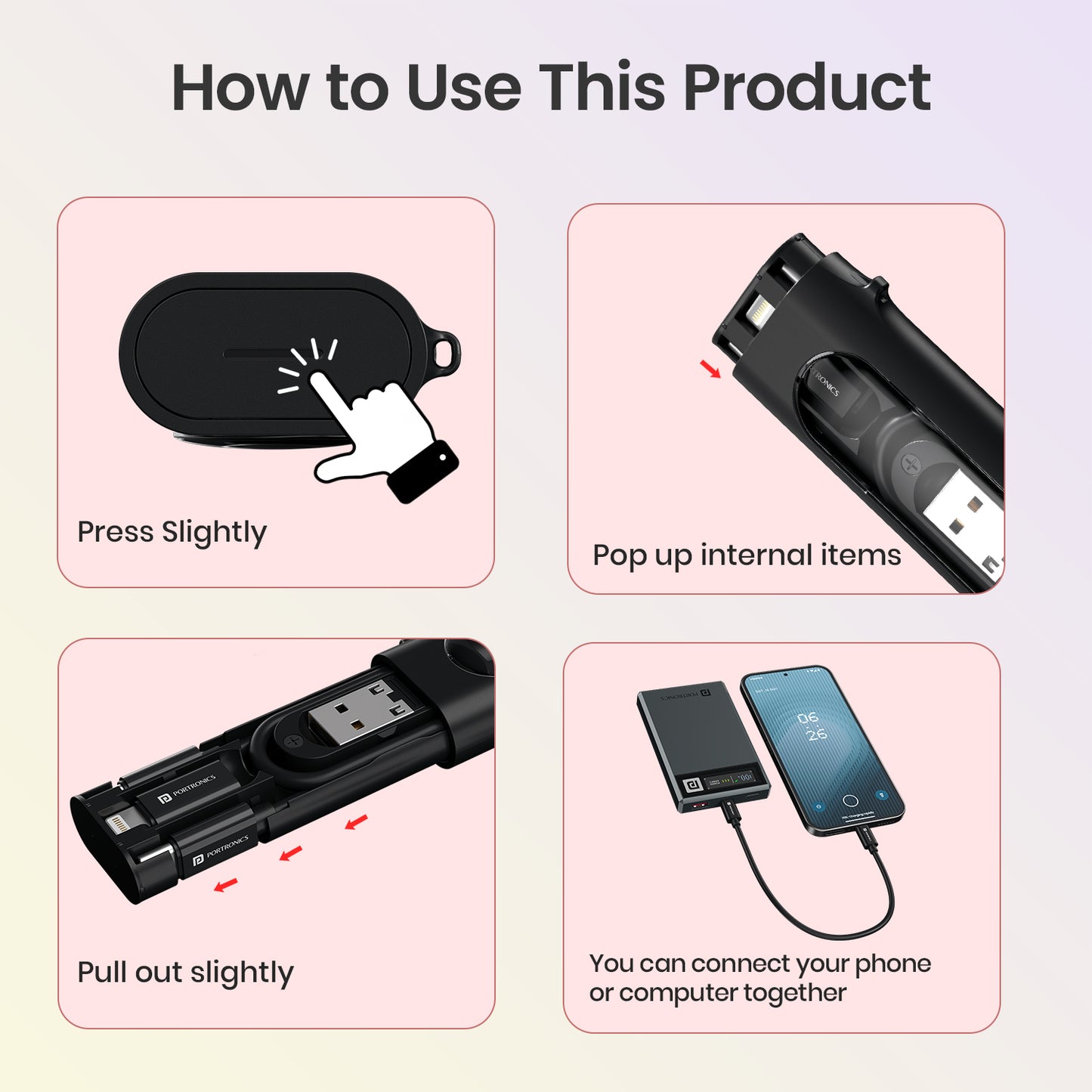 Black Portronics Snapcase 4 60W fast charging cable | Type-C to Type-C cable and USB-A pin | for smartphones and tablets
