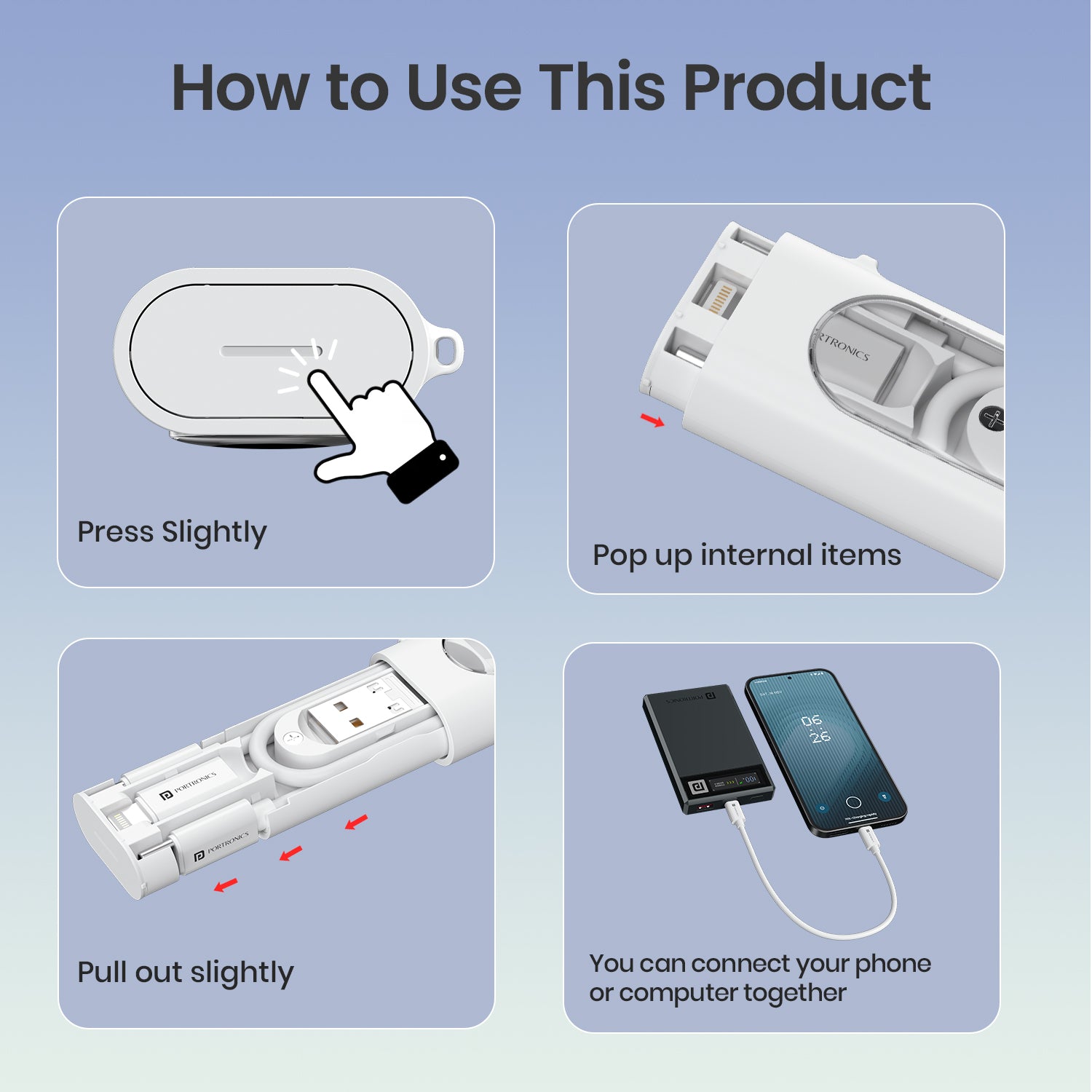White Portronics Snapcase 4 all-in-one charging gadget | includes cable, SIM holder, and compact design | perfect for travel use
