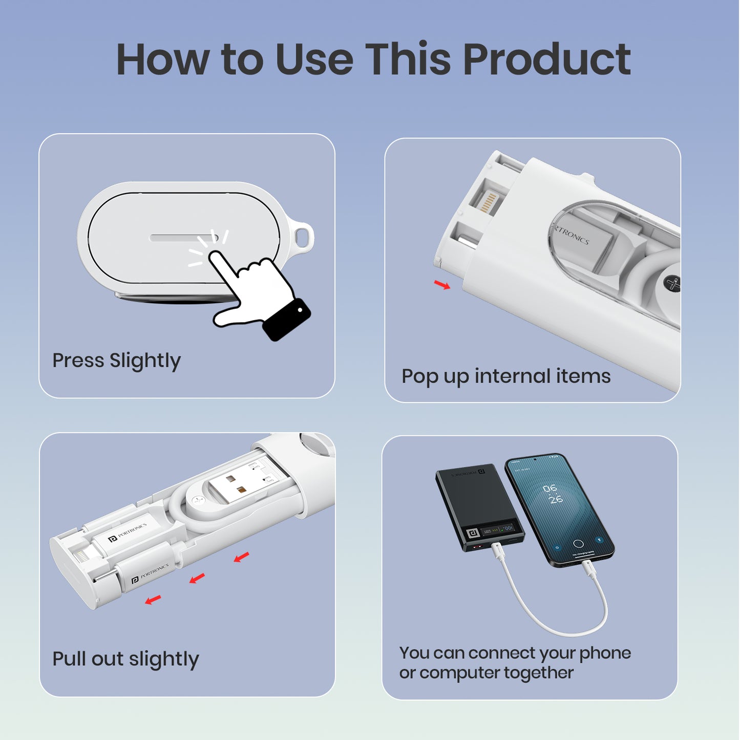 White Portronics Snapcase 4 all-in-one charging gadget | includes cable, SIM holder, and compact design | perfect for travel use