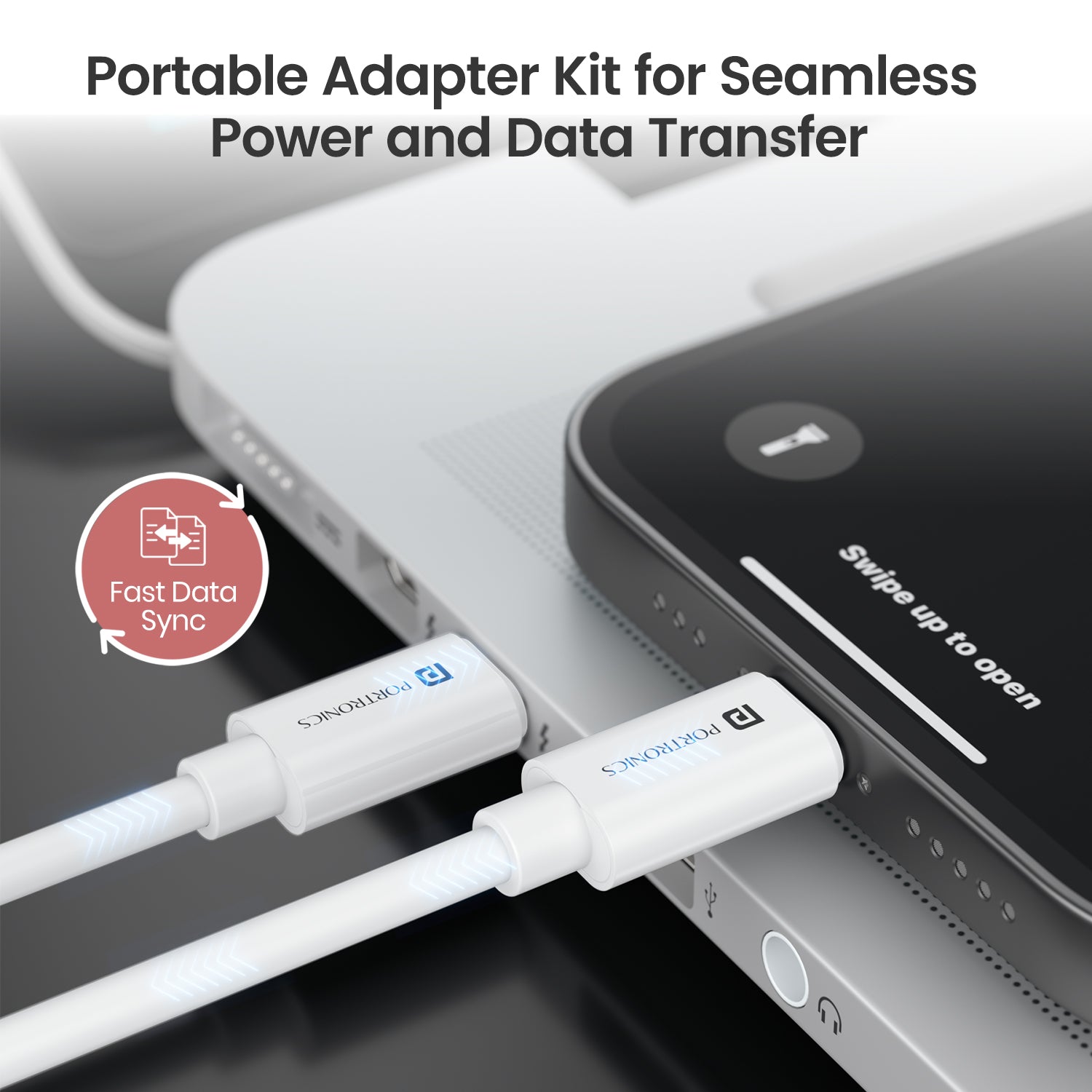 White Portronics Snapcase 4 multifunctional cable kit for mobile | 8-pin cable and USB cable options| cable kit with fast data transfer