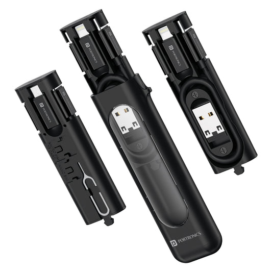 Black Portronics Snapcase 4 multifunctional fast charging data cable kit | USB cable to Type C and micro USB pin | ideal for mobile and accessories