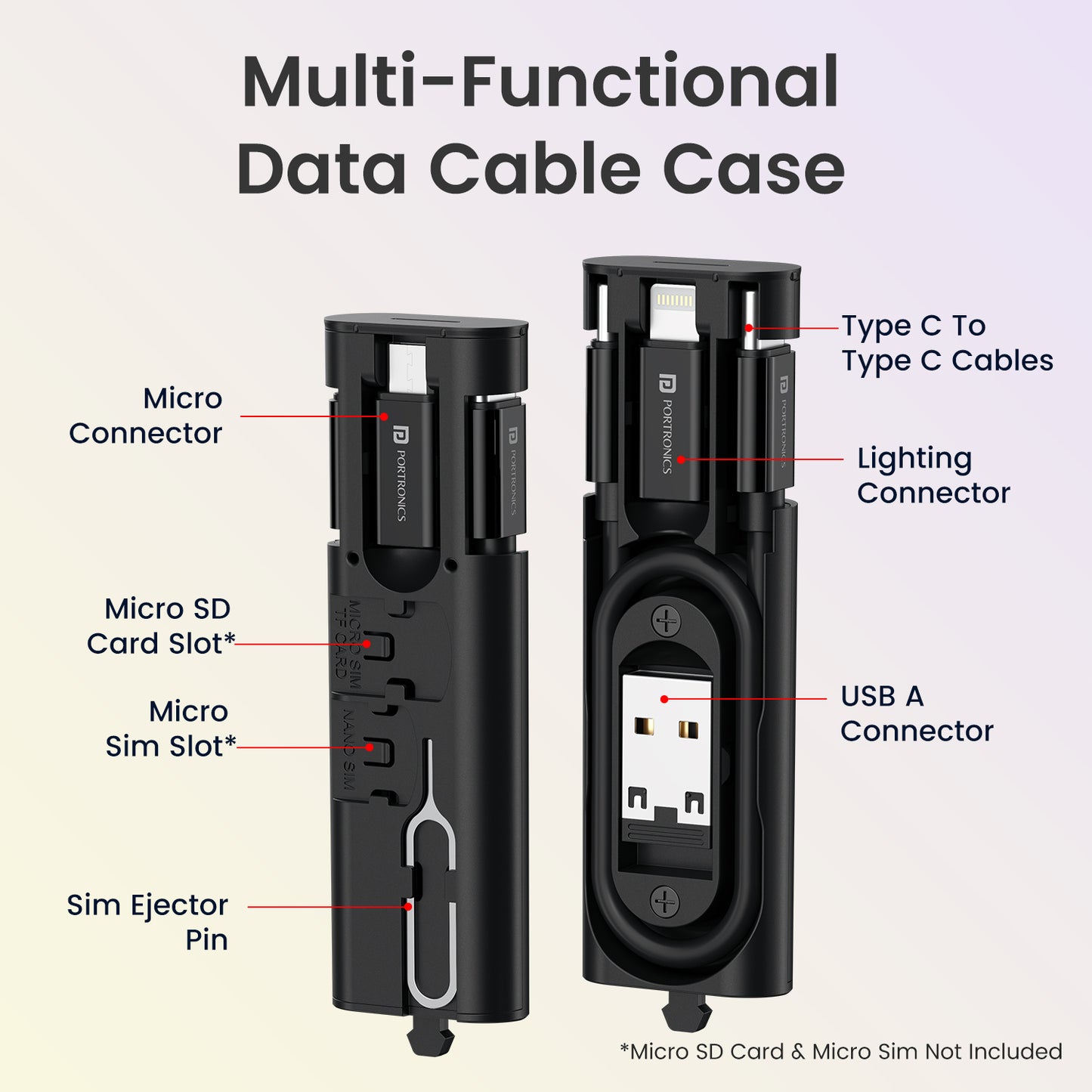 Black Portronics Snapcase 4 multipurpose cable storage gadget | includes 8 pin cable and Type C charging cable | for Android and iOS devices