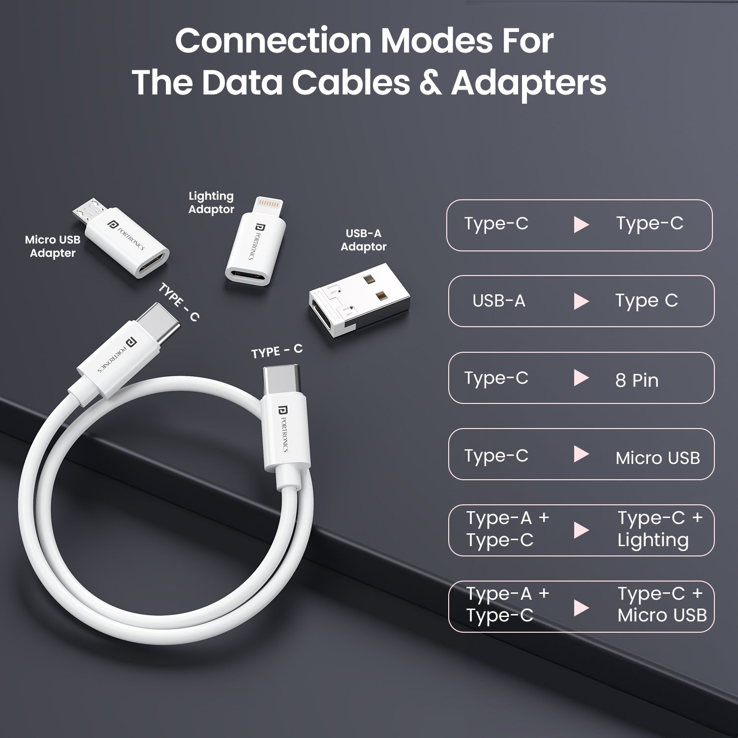 White  Portronics Snapcase 4 universal mobile charging cable | supports micro USB pin, USB-A pin, and Type C cable| best usb connector for smartphone