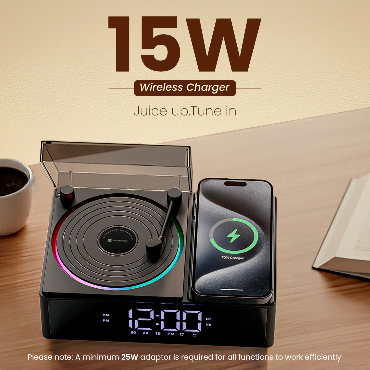 Portronics Sound Flow bluetooth speaker with 15W wireless charger for android and iPhone | Perfect for work desks and bedrooms with RGB mood lighting and TWS stereo pairing | Enjoy the best bluetooth speakers experience with deep sound and wireless power.