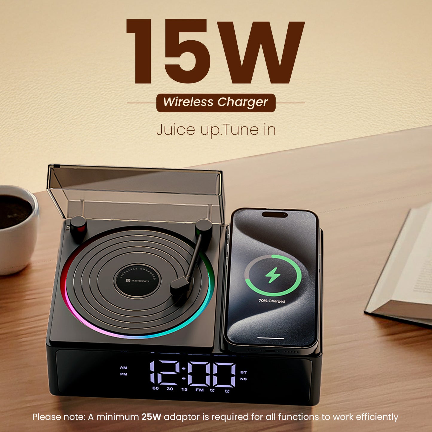 Portronics Sound Flow bluetooth speaker with 15W wireless charger for android and iPhone | Perfect for work desks and bedrooms with RGB mood lighting and TWS stereo pairing | Enjoy the best bluetooth speakers experience with deep sound and wireless power.