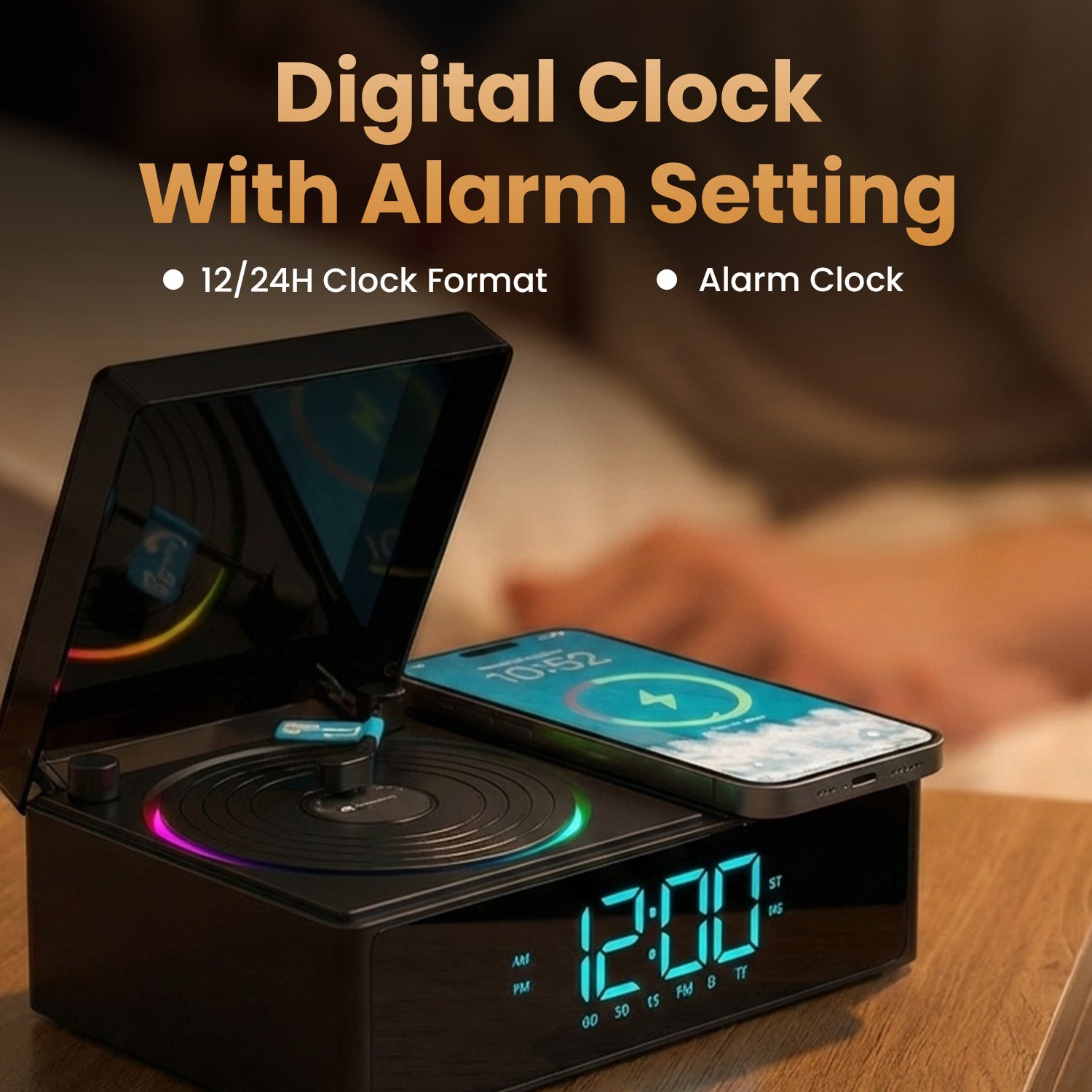 Portronics Sound Flow portable wireless speaker with Digital clock| Ideal for home and office with automatic 15W fast wireless charging and clear calls | A bluetooth speaker portronics model offering quality stereo sound and utility.