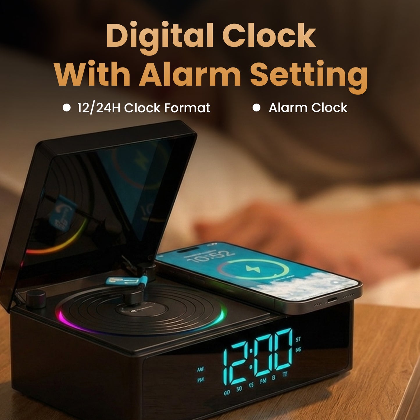 Portronics Sound Flow portable wireless speaker with Digital clock| Ideal for home and office with automatic 15W fast wireless charging and clear calls | A bluetooth speaker portronics model offering quality stereo sound and utility.