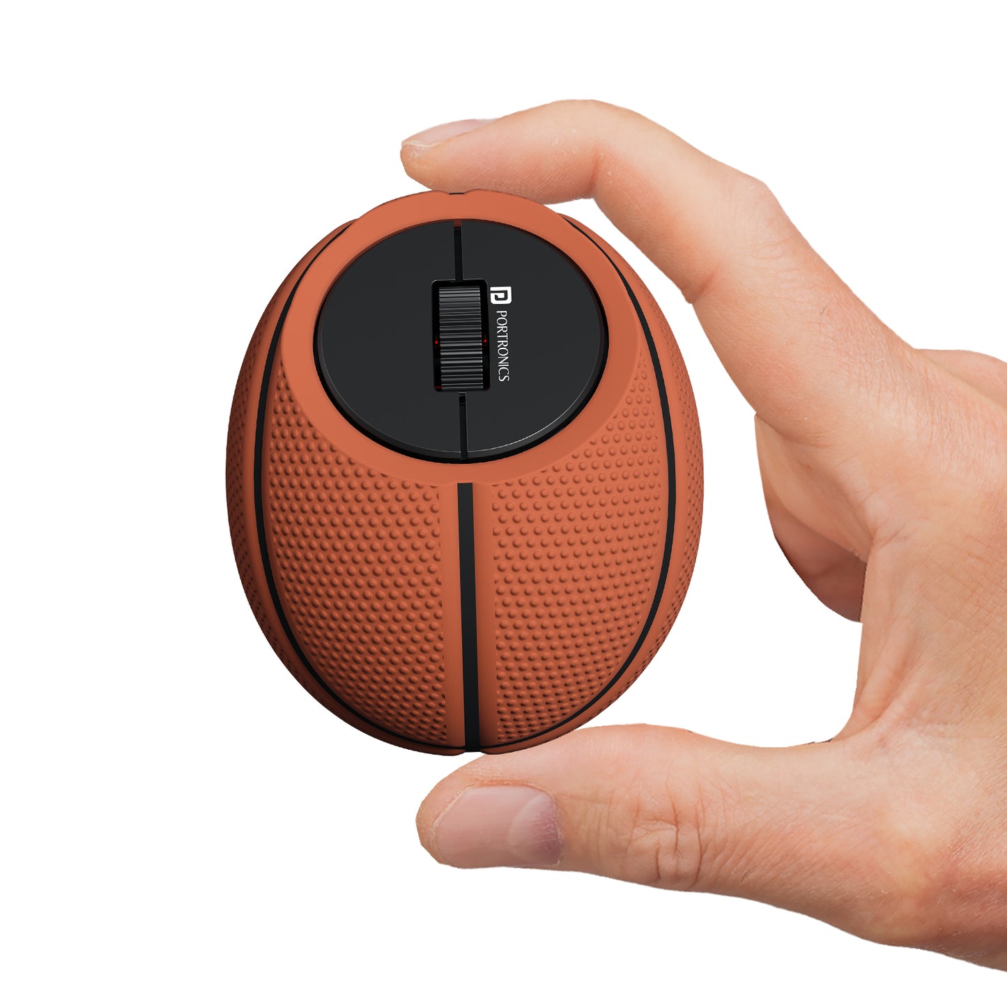 Rechargeable Wireless Optical Mouse Portronics ToadPlay Basketball with unique basketball-inspired design and dual Bluetooth and 2.4GHz wireless modes, perfect wireless mouse for MacBook and laptops.